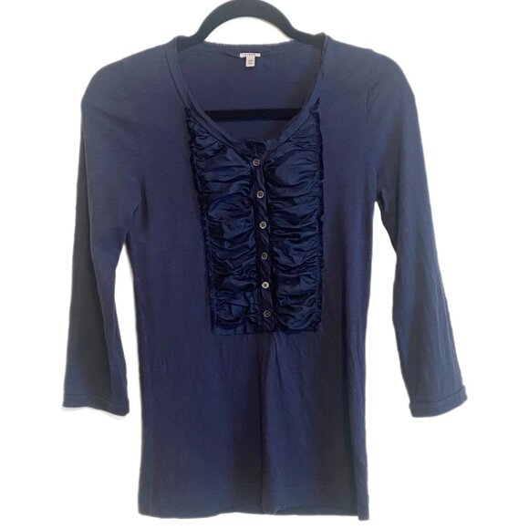 J. Crew 3/4 Sleeve Navy Top with a Ruffled Front Panel Size XS - Picture 1 of 6